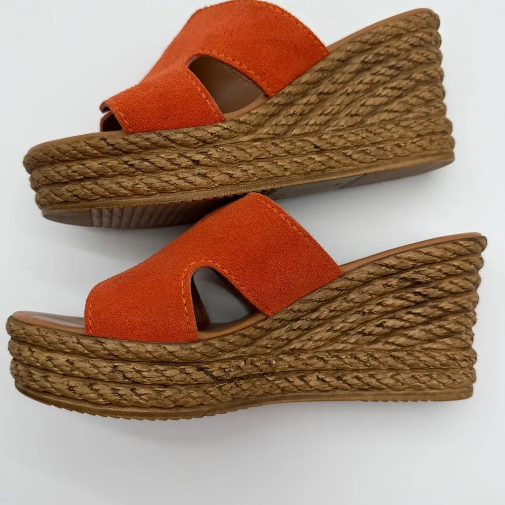 Mariella‎ Italy Orange Suede H-Cutout Rope Platform Wedge Sandals Womens 38